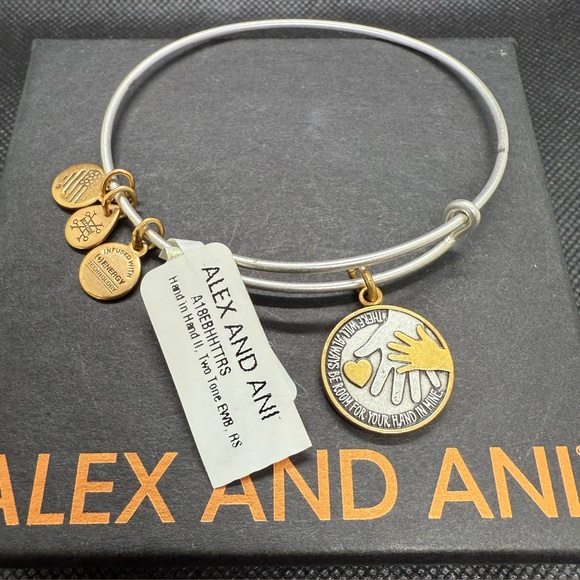🩶💛ALEX AND ANI🩶💛Hand in Hand Two Tone Charm Bangle with Gift Box/NWT - Picture 2 of 3